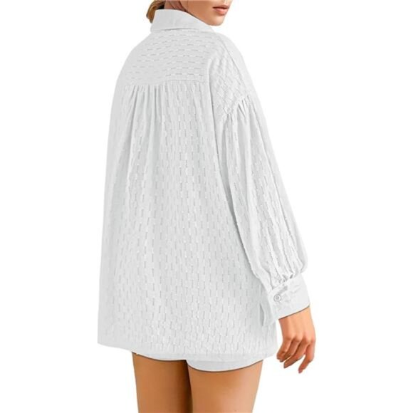 Women's 2 Piece Outfits Oversized Long Puff Sleeve Blouse Shirt High Waisted - Picture 4 of 7